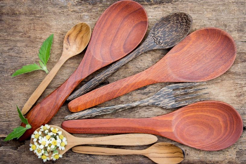 View of wooden spatulas on the kitchen top