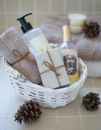 bathing essentials in brown wicker basket