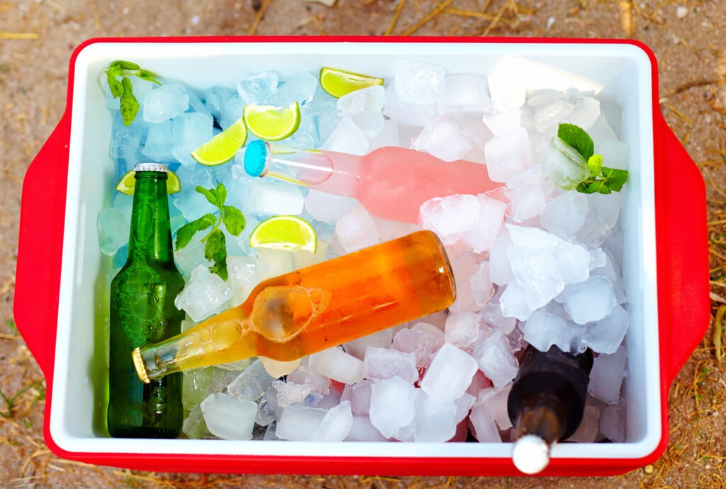beach cooler with ice and drinks