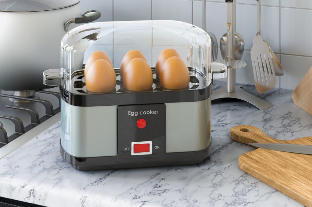 Egg cooker on the kitchen table. 3D rendering