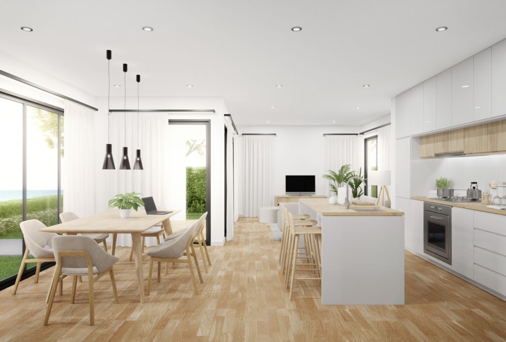 Modern Kitchen Interior With White Cabinets, Wooden Chairs And Parquet Floor