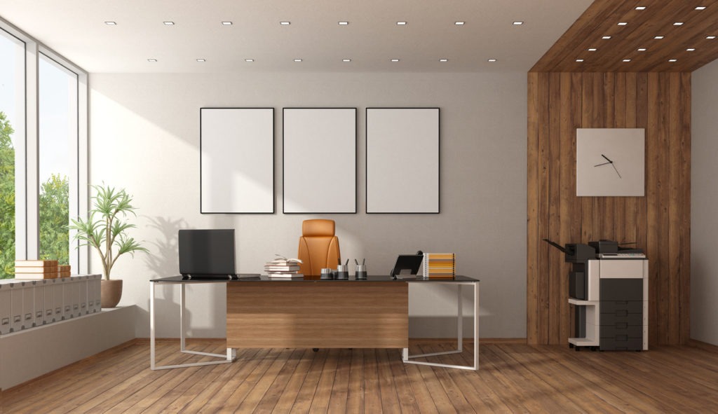Modern office with desk chair and photocopier