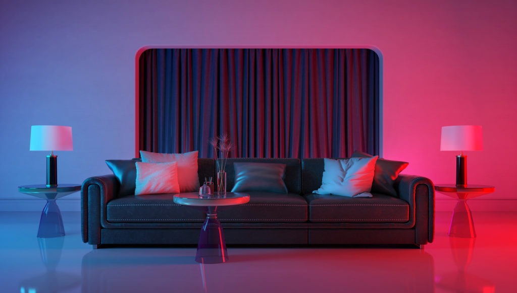 Modern room with violet light and red light illumination