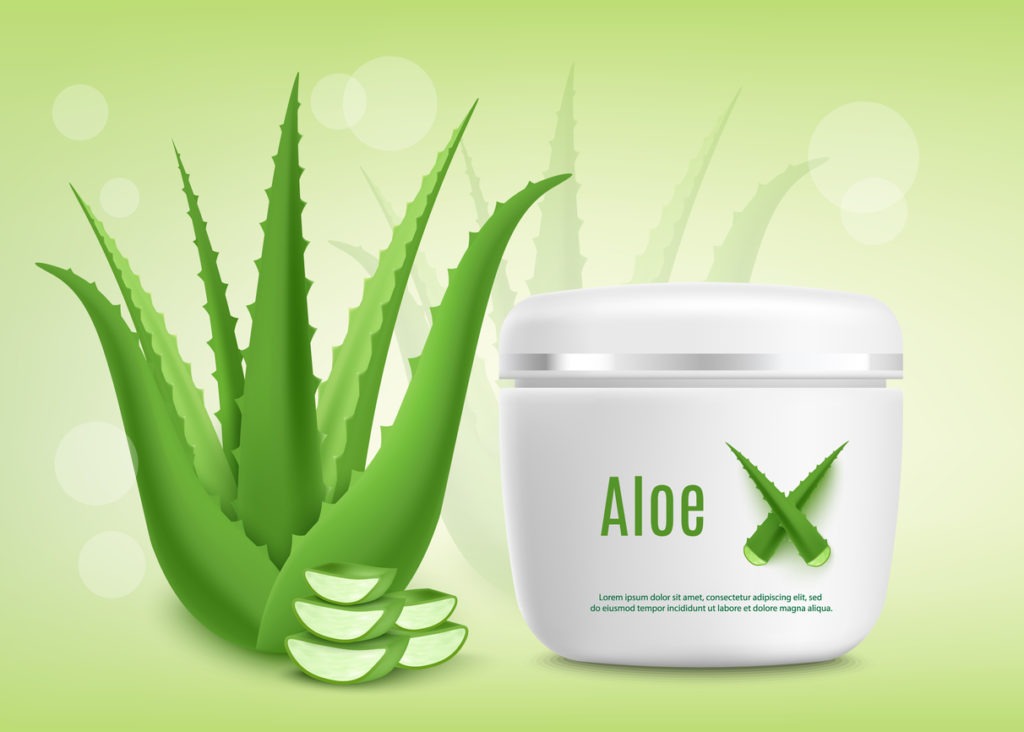 a jar of moisture recovery cream with aloe vera as the main ingredient in light green background