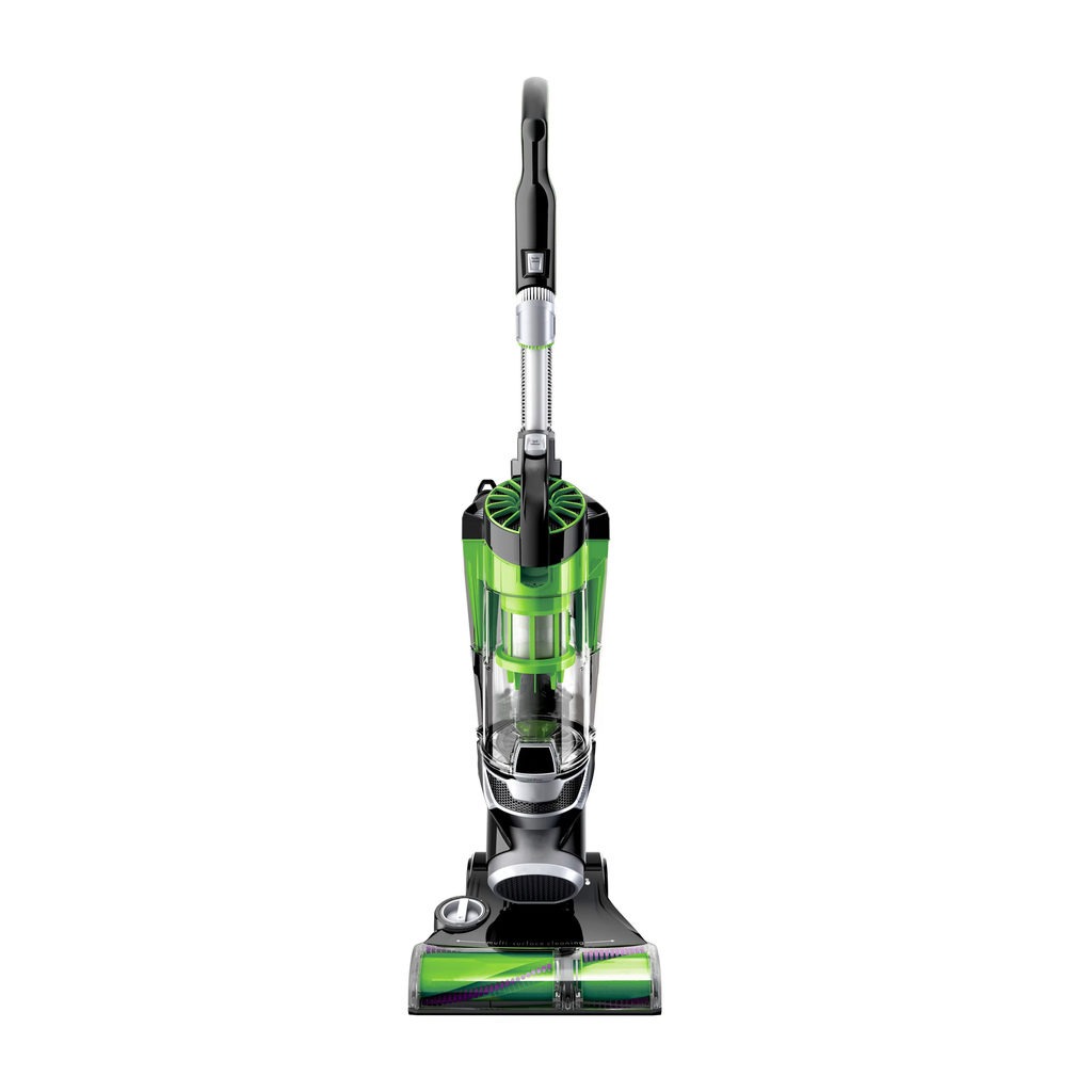 Bagless Upright Vacuum Cleaner Isolated on White Background. Black and Green Hoover. House Cleaning Equipment Tool. Electric Domestic Major Appliances. Household and Home Appliance