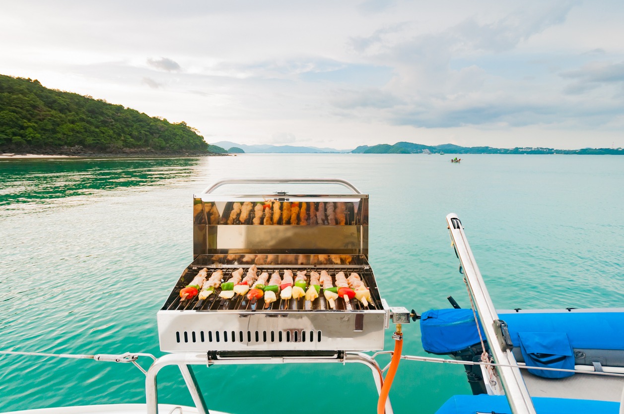 Barbecue grill on the boat. Luxury boat party in Phuket