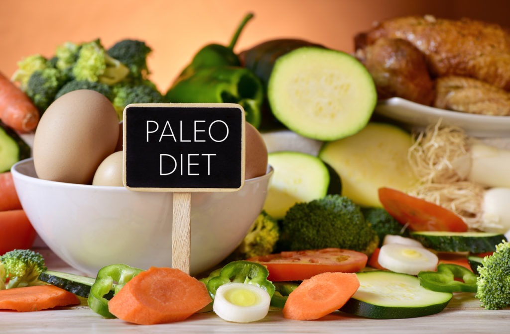 eggs, chicken, vegetables and text paleo diet