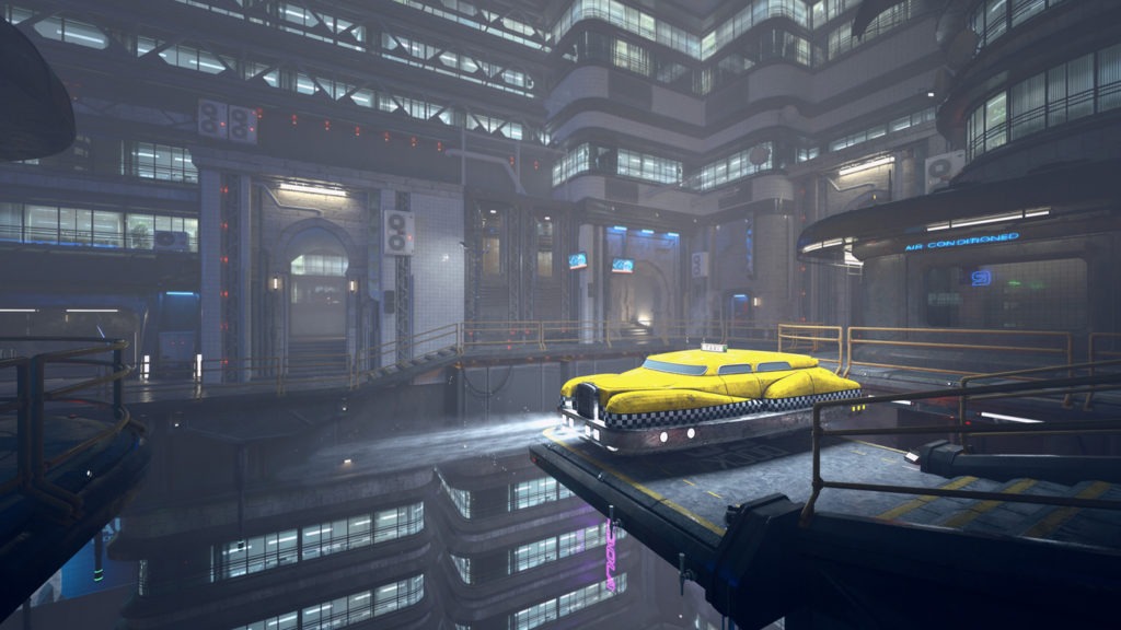 Futuristic cyberpunk yellow flying taxi cab waiting for passngers in a dystopian city on a foggy night. 3D rendering