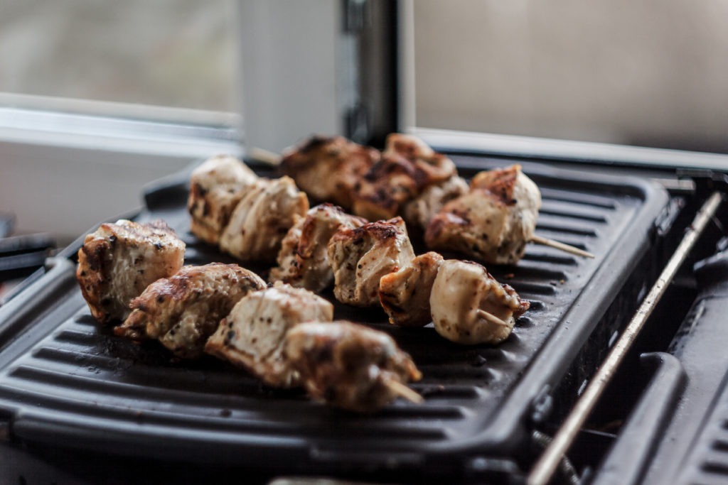 Pork-beef shish kebab prepared on a home electric grill