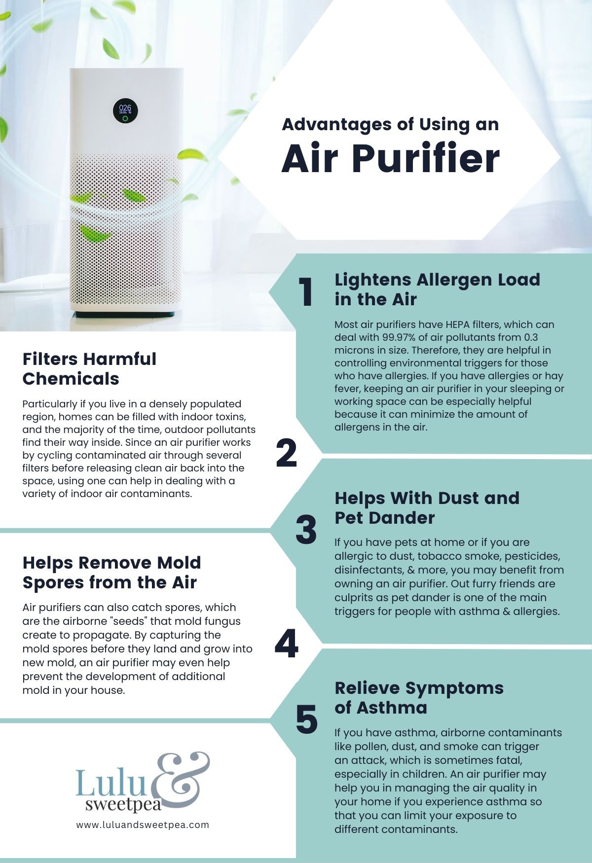 Picture of air filter with a list of advantages 