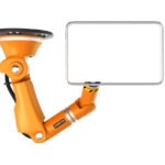 Orange robotic ceiling arm holding blank monitor for copy space