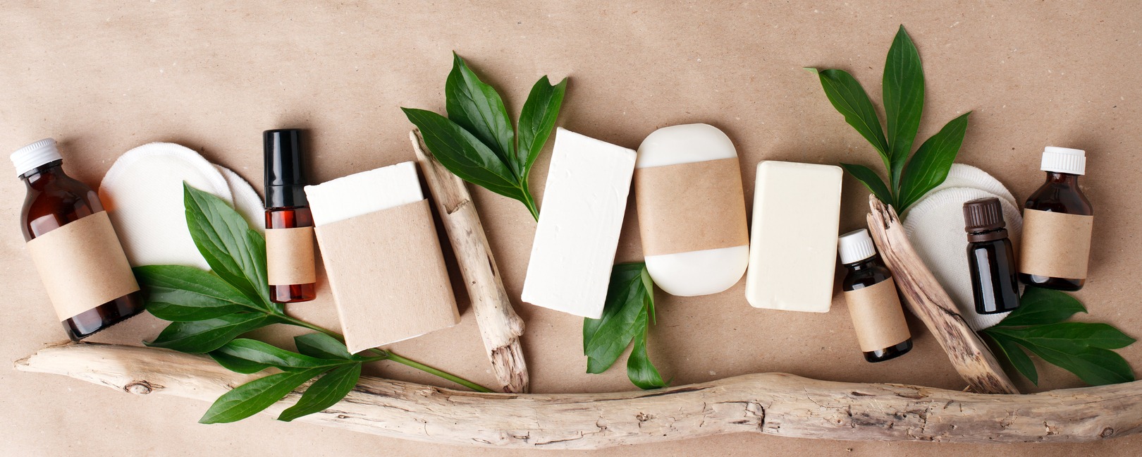 A variety of cosmetic products with natural and sustainable packaging