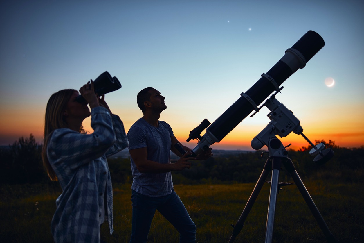 Telescope, Binoculars, Moon, Night, Looking, Astrology, Outer Space, Constellation, Dark, Date Night-Romance, Dating, Dusk, Eclipse, Enjoyment, Galaxy, Happiness, Milky Way, Planet,-Space, Positive Emotion, Romance, Romantic Activity, Sky, Smiling, Apace and Astronomy, Star-Space, Togetherness, Moonlight