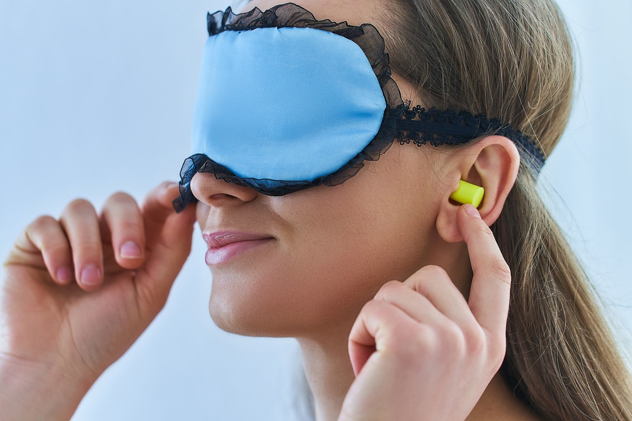 Bedtime, Bedroom, Body Care, Care, Clothing, Ear Plug, Eye Mask, Hand, Healthcare and Medicine, Healthy Lifestyle, Indoors, Lifestyles, Mask, Prevention, Protection, Resting, Safety, Sleeping, Softness, Tranquility, Young Women, Reduction, Female