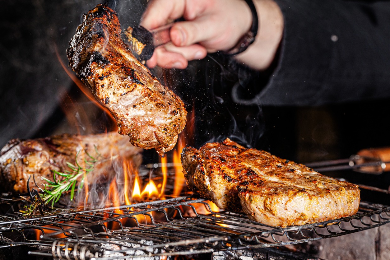 Chef, Barbecue Grill, Steak, Barbecue-Meal, Cooking, Roasted, Beef, Close-up, Dinner, Fire-Natural Phenomenon, Flame, Food, Gourmet, Grilled, Heat-Temperature, Kebab, Meal, Meat, Outdoors, Pork, Preparation, Ready-To-Eat, Red, Rosemary, Smoke