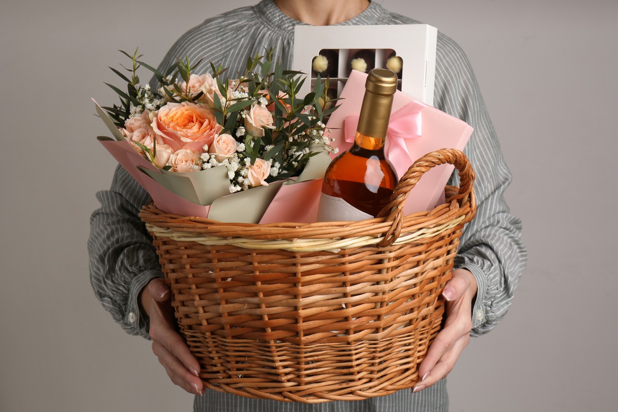 Gift, Basket, Wine, Flower, Wine Bottle, Wedding, Box-Container, Chocolate, Food, Surprise, Food, Alcohol-Drink, Romance, Rose-Flower, Happiness, Wicker, Love-Emotion, Dessert-Sweet Food, Love-Emotion