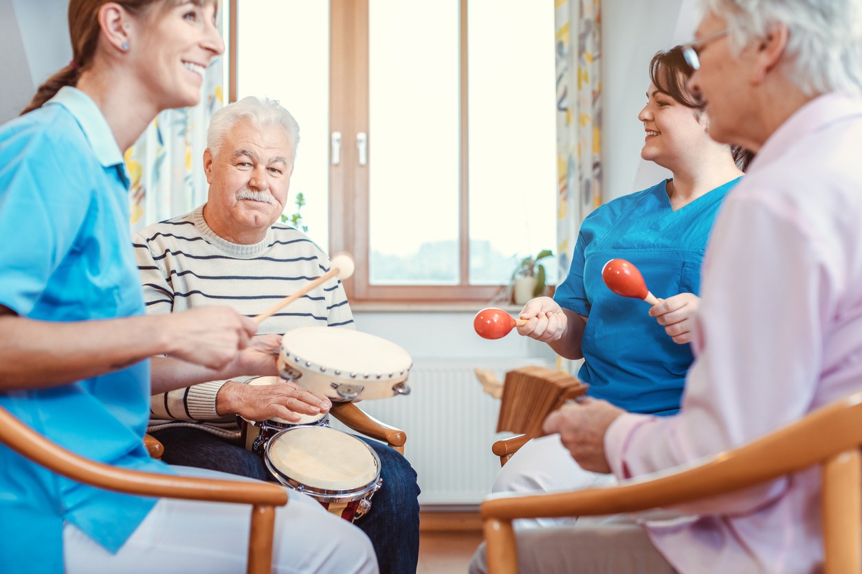 Music Therapy, Senior Adult, Music, Musical Instrument, Nursing Home, Care, Physical Therapy, Nurse, Assisted Living, Geriatrics, Rhythm, Alternative Therapy, Healthcare and Medicine, Assistance, Togetherness, Sitting, A Group Of People, A Helping Hand