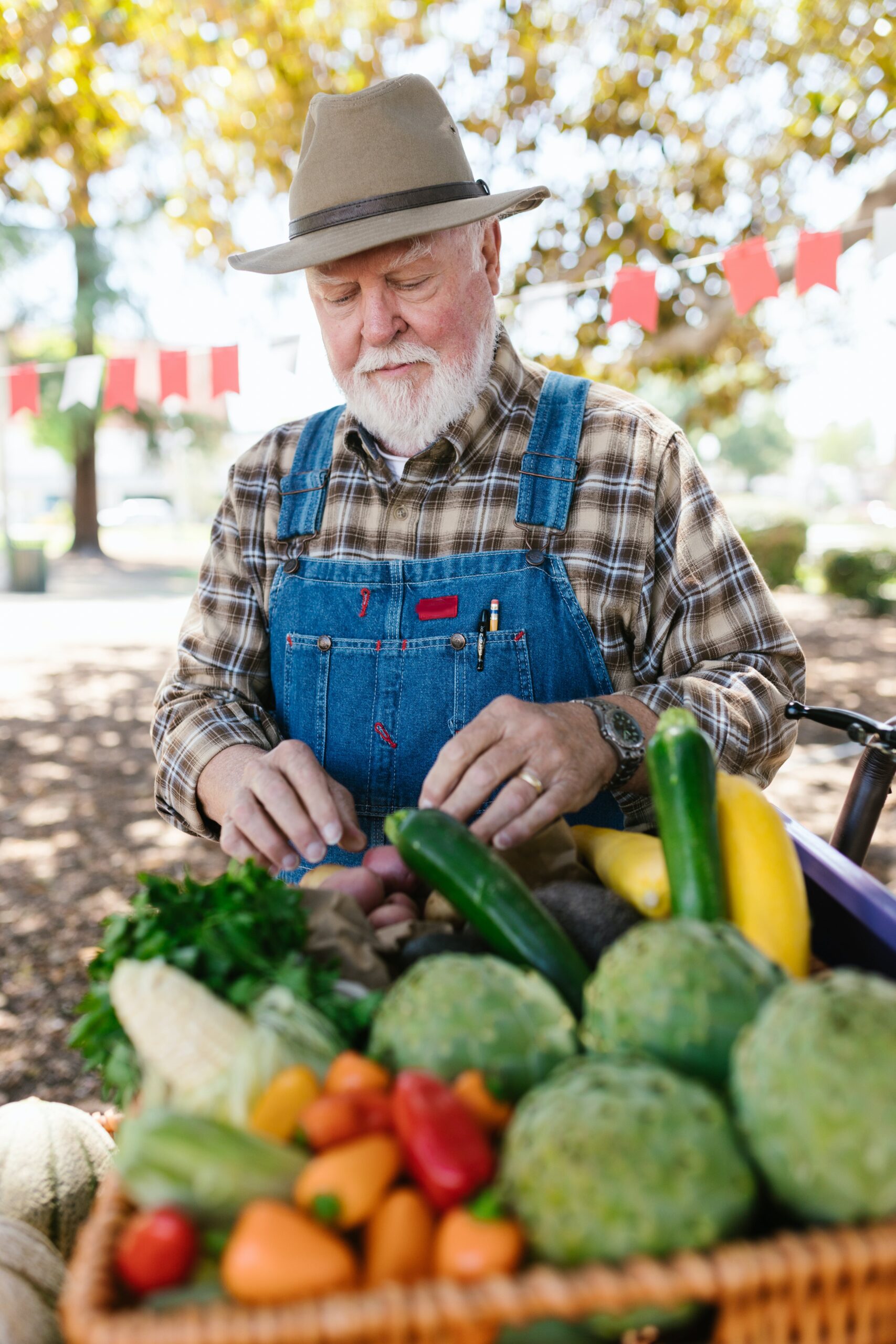 an elderly man in plaid long sleeves looking at the vegetables