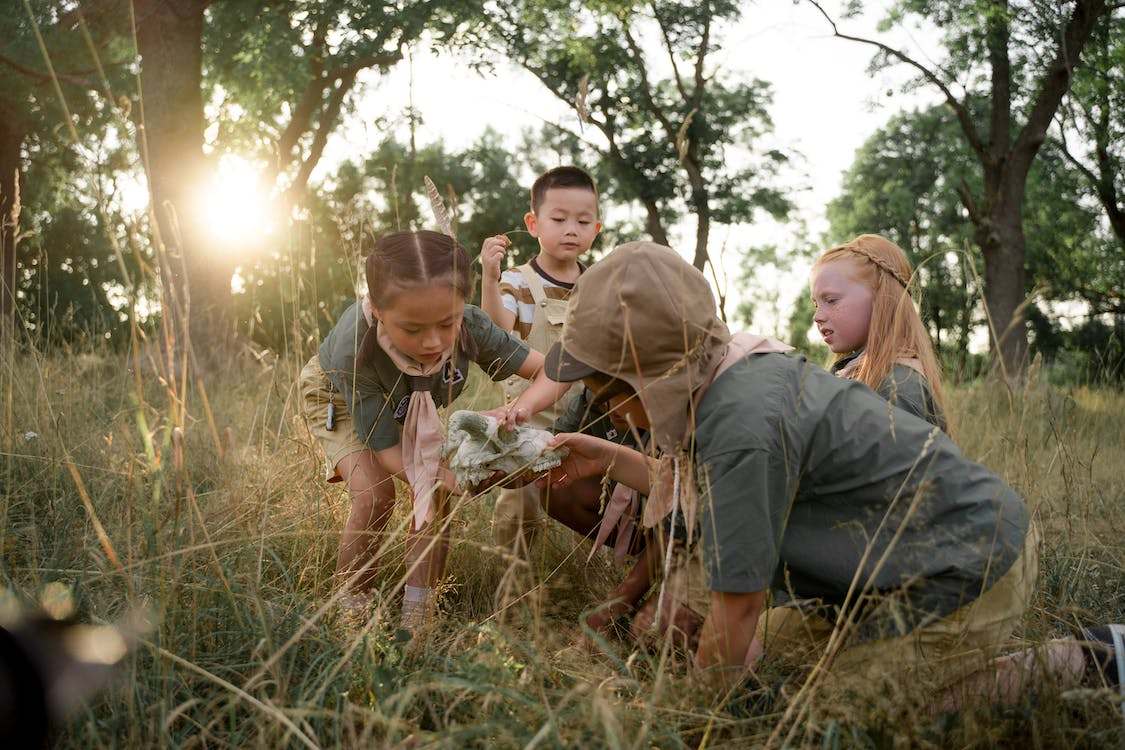 Group of kids finding an animal skull