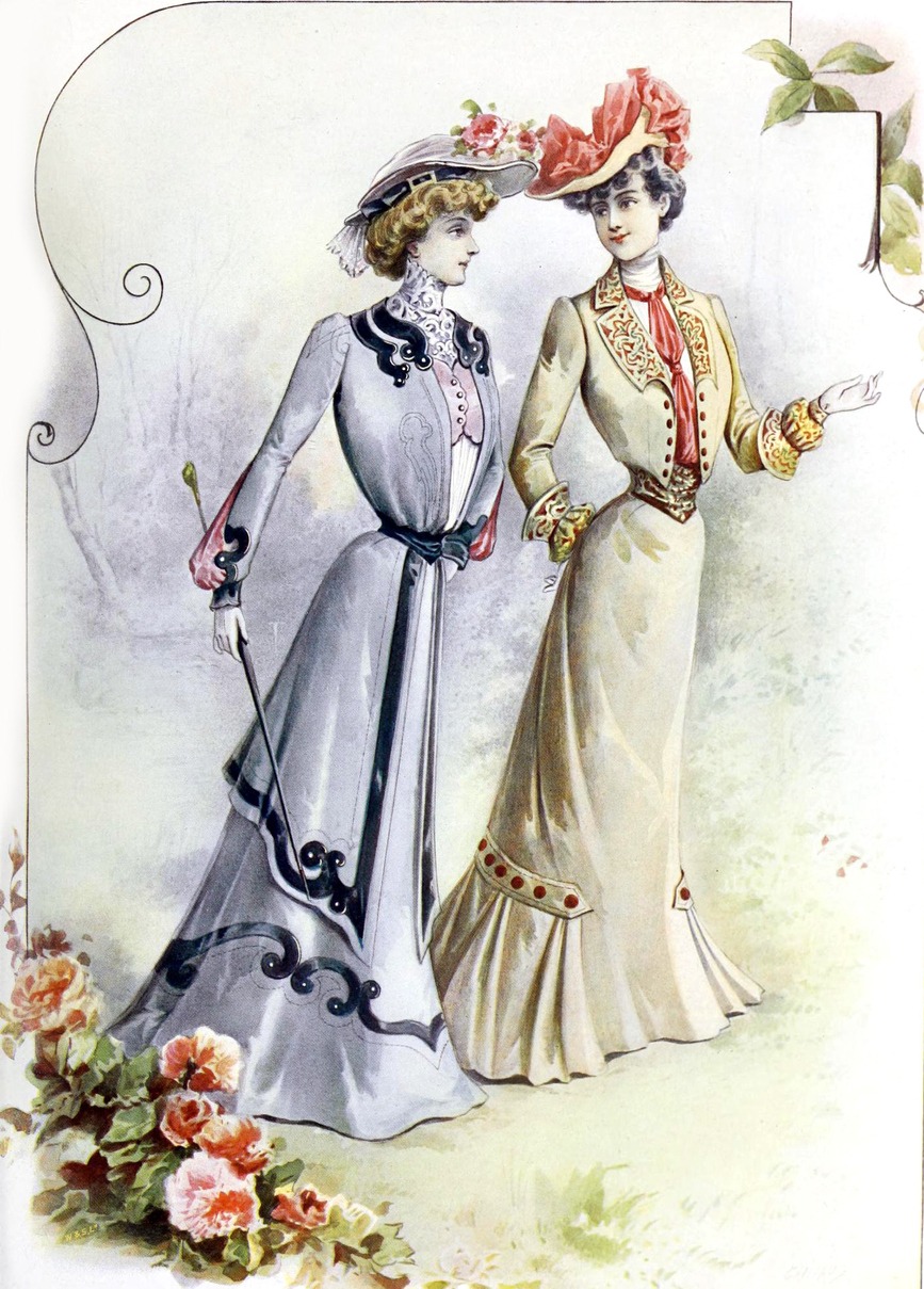 Two women wearing similar designs of dresses during the 19th century