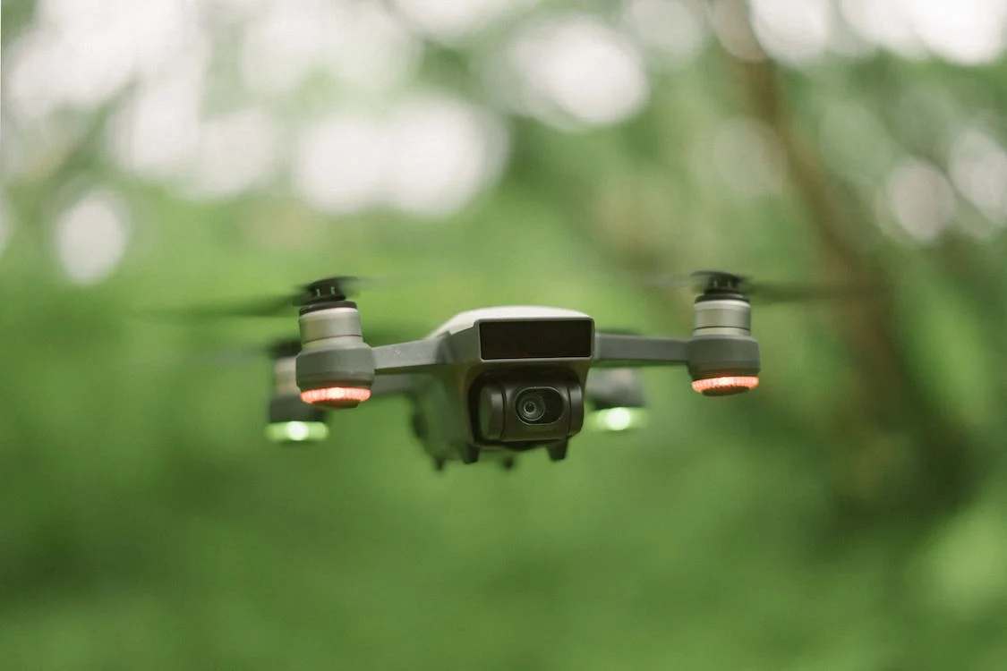 A close-up of a flying drone