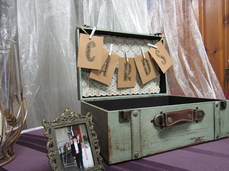 Wedding keepsake love box on table